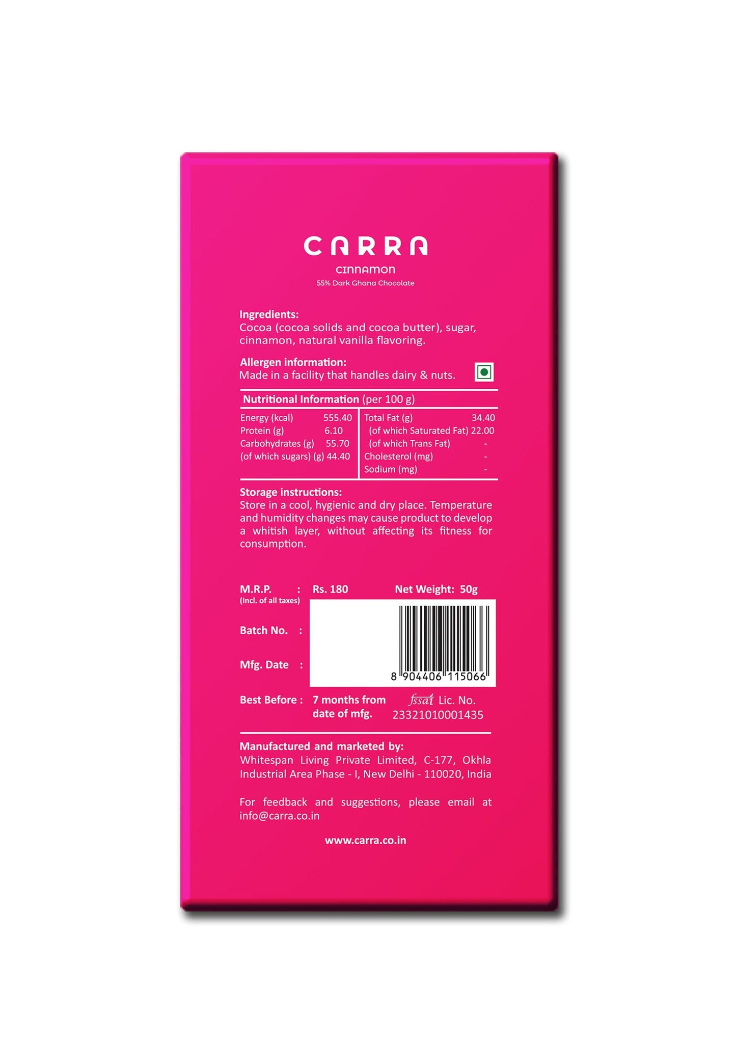 Carra Cinnamon | India Culture Series | 55% Dark Chocolate | 50g x 3 bars