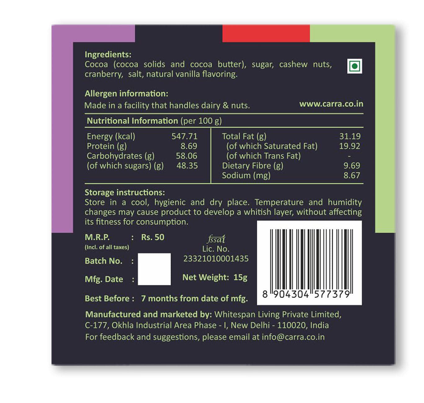 Carra Miniature Chocolate Bars | 55% Dark | Sets of 3 each of Cashews & Biscotti, Sea Salt & California Almonds, Cardamom and Cashews & Cranberries ; 15g X 12pcs ; 180g