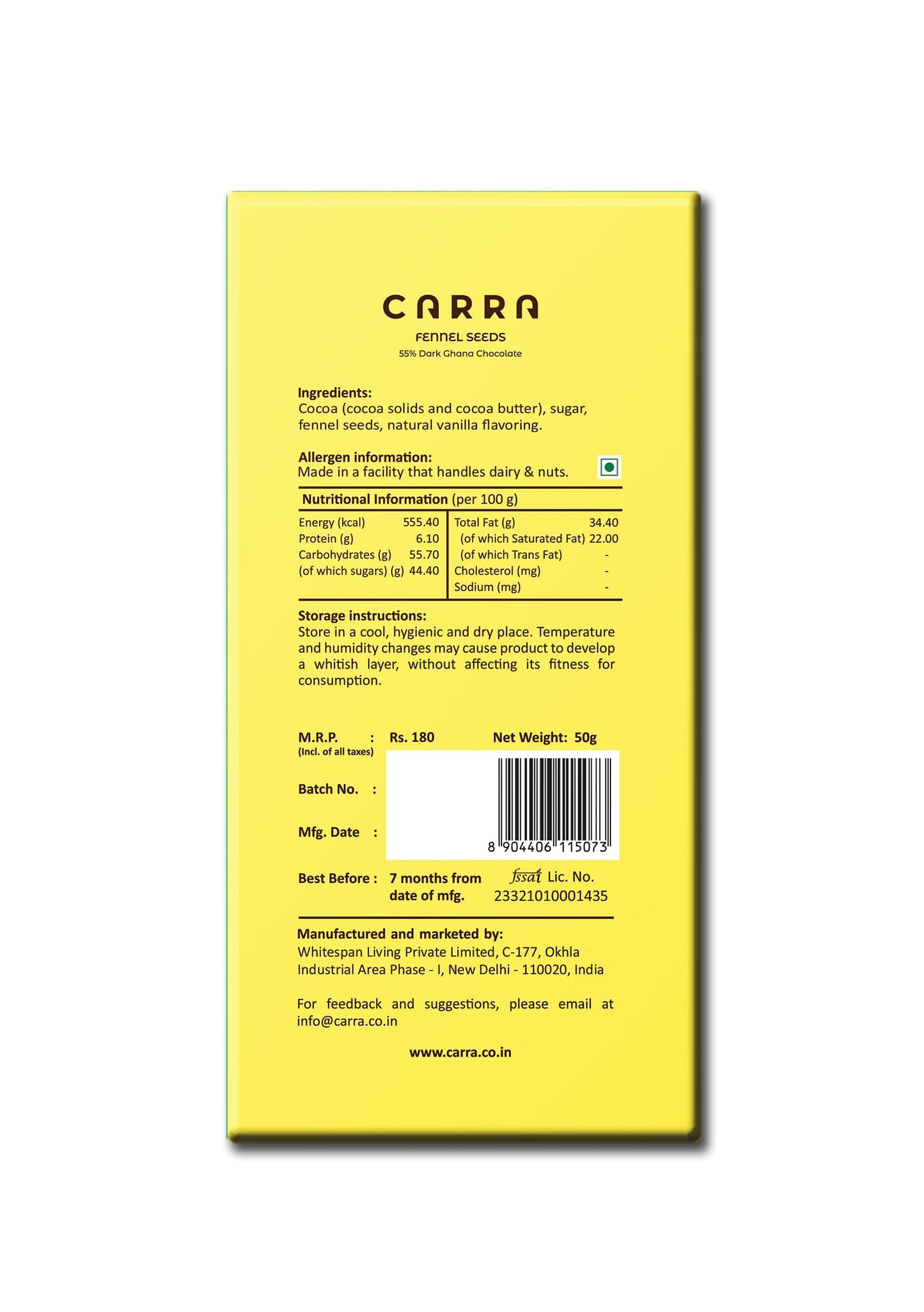 Carra 55% Dark | India Culture Series | Pack of 3 : Fennel seeds, Cinnamon, Cardamom ; 150g