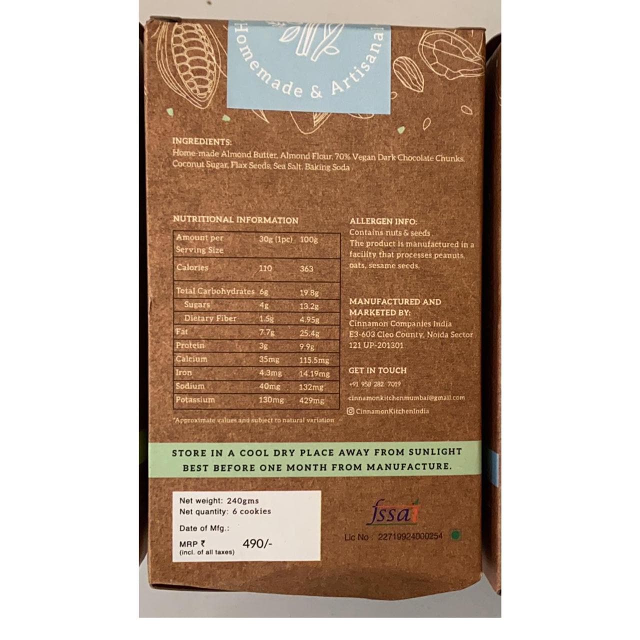 The Cinnamon Kitchen Flourless Almond Butter Cookies (Box of 6 cookies - 220g) - Gluten Free