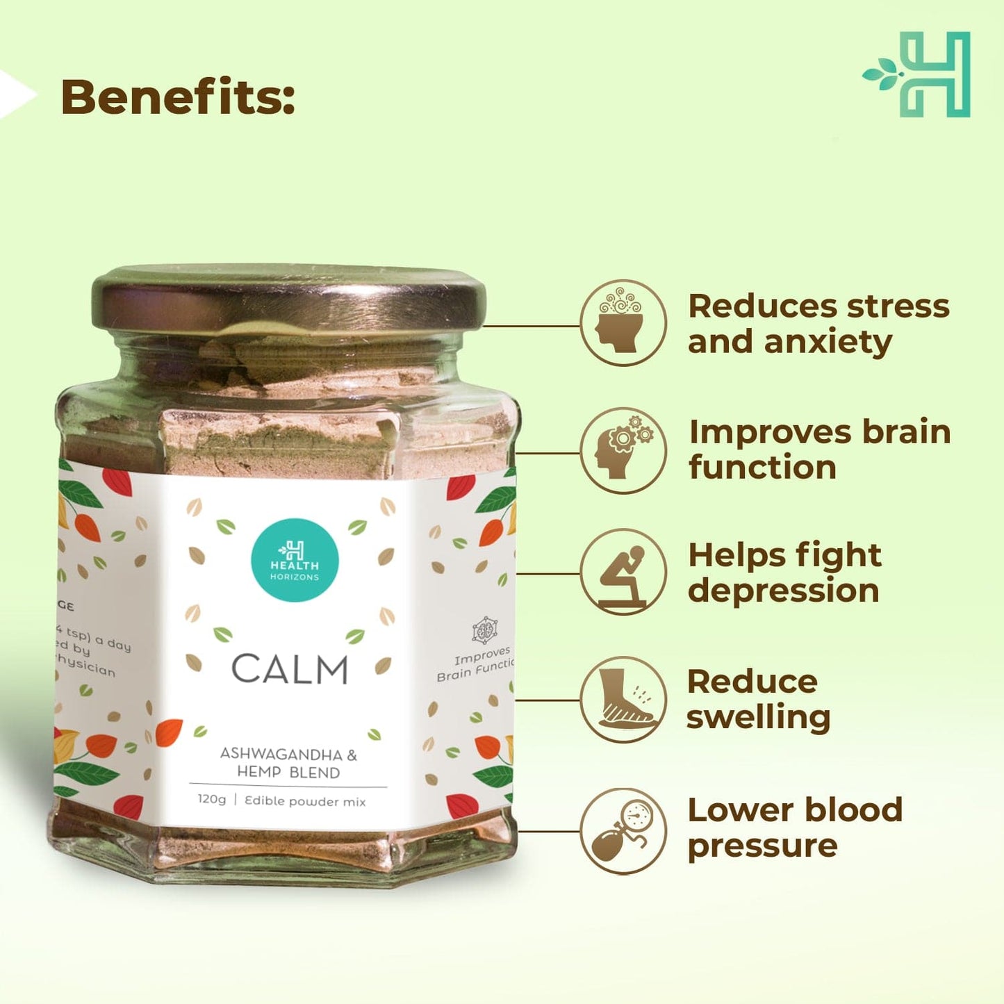 Health Horizons Ashwagandha & Hemp Blend | Edible Powder Mix | Clam Blend for Stress Relief | 120 gm