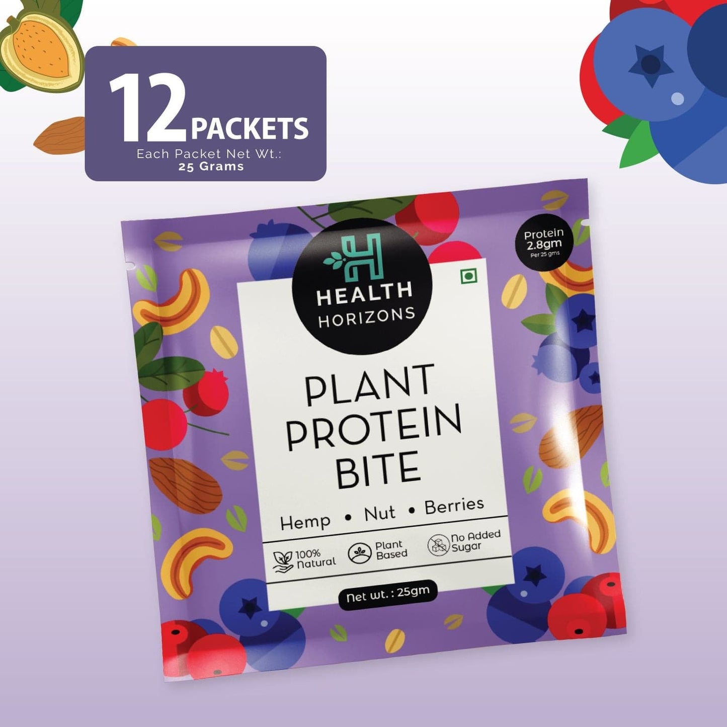 Health Horizons Plant Protein Bites ( 25g X Pack of 12) | Cranberry & Blueberry Flavour |2.8 g Protein per bite
