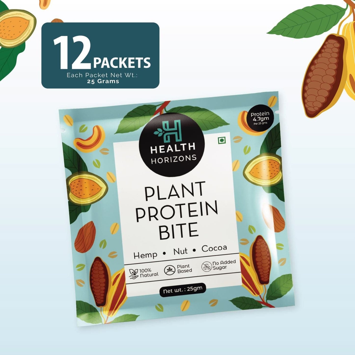 Health Horizons Plant Protein Bites (25g X Pack of 12) | Cocoa Flavour | 4.7g Protein per bite