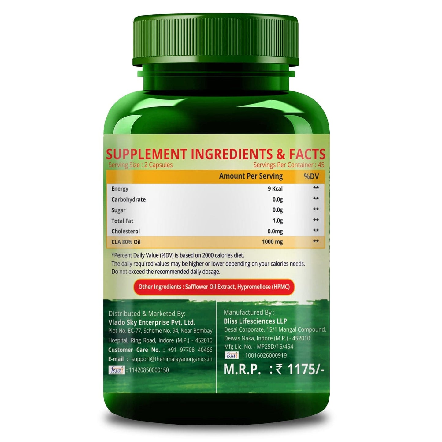 Vlado's Himalayan Organics CLA 1000 Fat Burner Supplement - 90 Veg Capsules