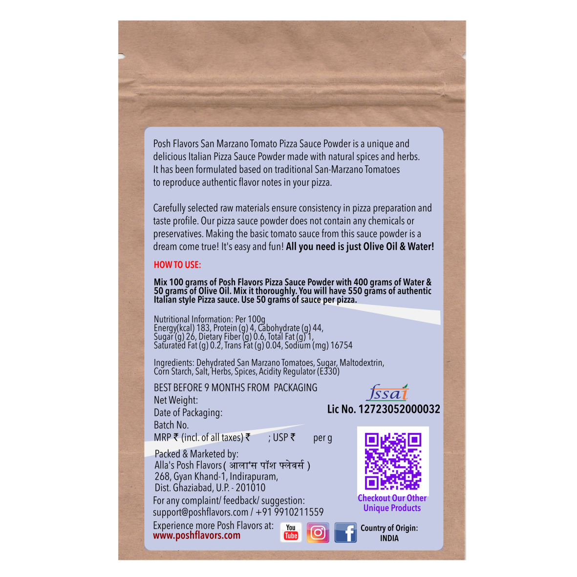 Alla's Posh Flavors San Marzano Tomatoes Pizza Sauce Powder Authentic Italian | Just Add Water & Olive Oil | Makes 1100 Grams of Pizza Sauce Instantly | for About 22 Large Pizzas (200 Grams)