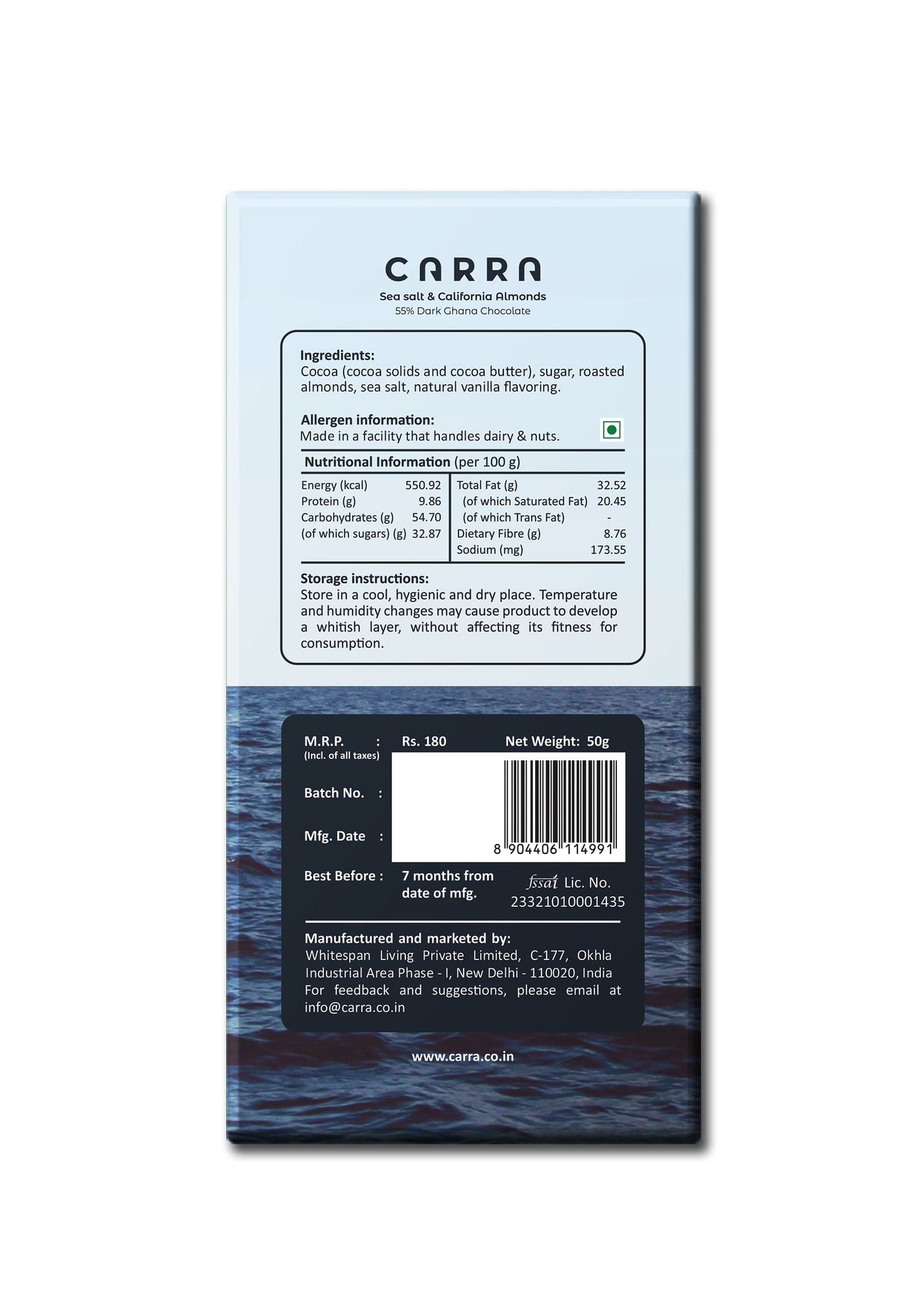Carra 55% Dark | Nut based series | Pack of 3 : Sea Salt & California Almonds, Cashews & Biscotti, Cashews & Cranberries ; 150g