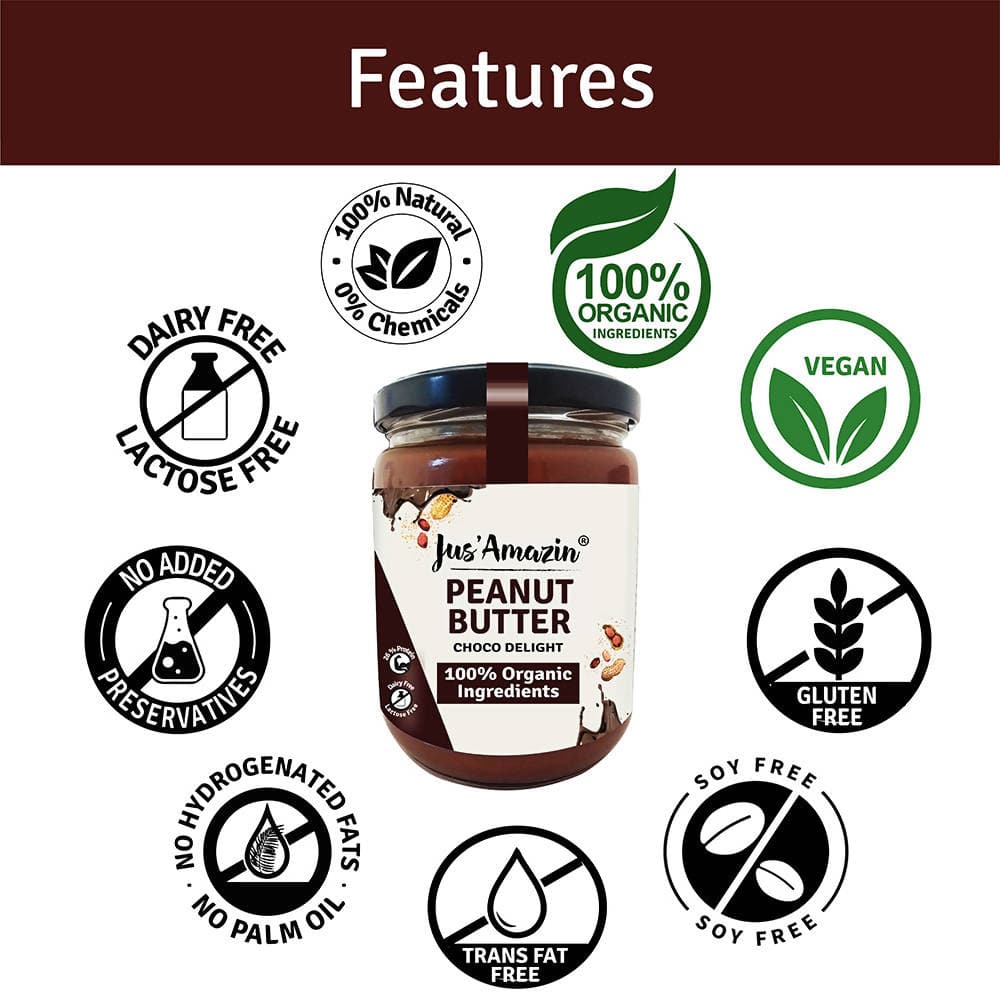 Jus Amazin Creamy Organic Peanut Butter – Choco Delight 500g - plant based Dukan