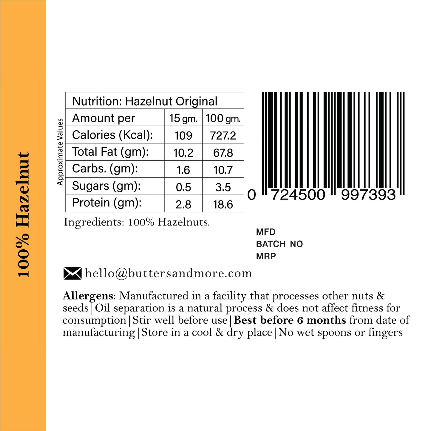 Butters & More Vegan Hazelnut Butter Unsweetened, Single Ingredient Nut Butter. (200g) - Vegan Dukan