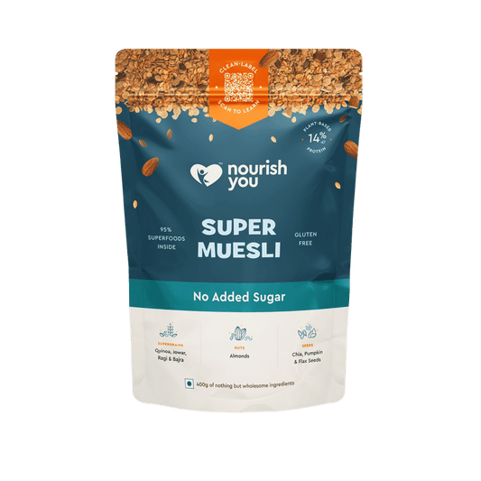 Nourish You No Added Sugar Quinoa Super Muesli with Nuts & Seeds | Breakfast Muesli | Quinoa , Ragi , Bajra & Jowar | Almonds , Pumpkin , Watermelon & Flax | High Protein Healthy Breakfast Cereal | No Artificial Sweeteners | No Added Flavours | 400G