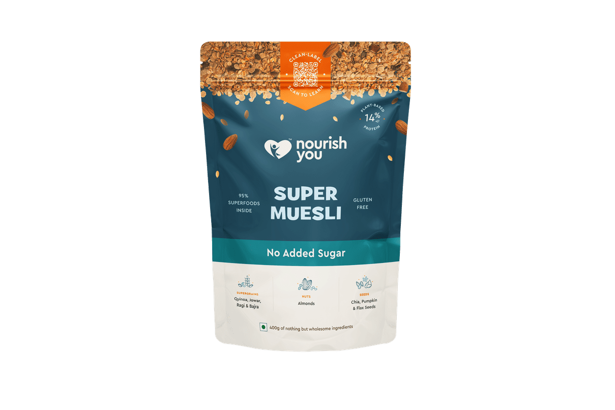 Nourish You No Added Sugar Quinoa Super Muesli with Nuts & Seeds | Breakfast Muesli | Quinoa , Ragi , Bajra & Jowar | Almonds , Pumpkin , Watermelon & Flax | High Protein Healthy Breakfast Cereal | No Artificial Sweeteners | No Added Flavours | 400G