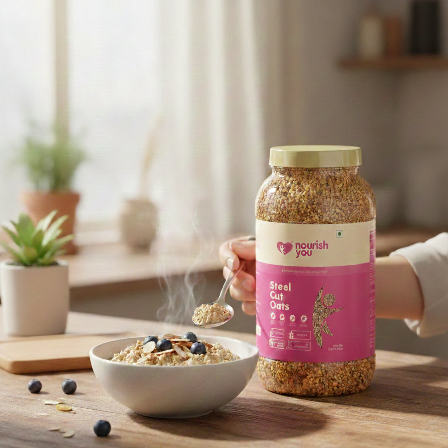 Nourish You Steel Cut Oats 2kg - 100% Wholegrain Gluten free Oats | Oatmeal Breakfast Cereal for Weight Management | Diet Food | Rich in Fibre and Protein | No Added Preservative