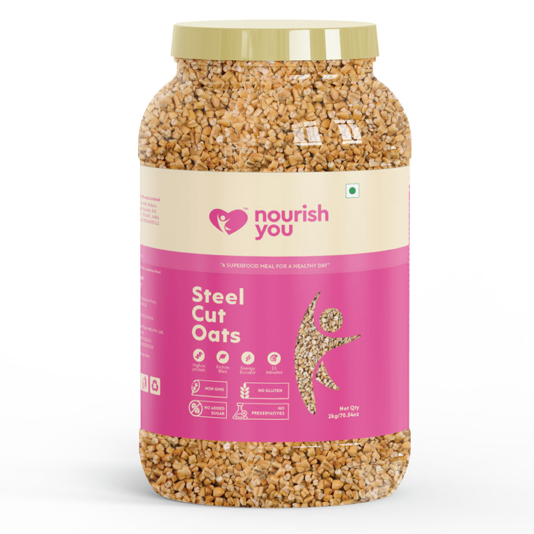 Nourish You Steel Cut Oats 2kg - 100% Wholegrain Gluten free Oats | Oatmeal Breakfast Cereal for Weight Management | Diet Food | Rich in Fibre and Protein | No Added Preservative