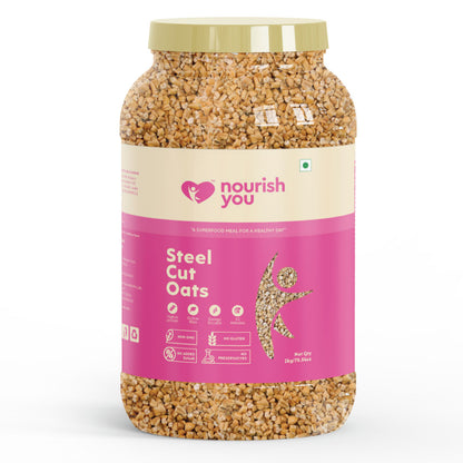 Nourish You Steel Cut Oats 2kg - 100% Wholegrain Gluten free Oats | Oatmeal Breakfast Cereal for Weight Management | Diet Food | Rich in Fibre and Protein | No Added Preservative