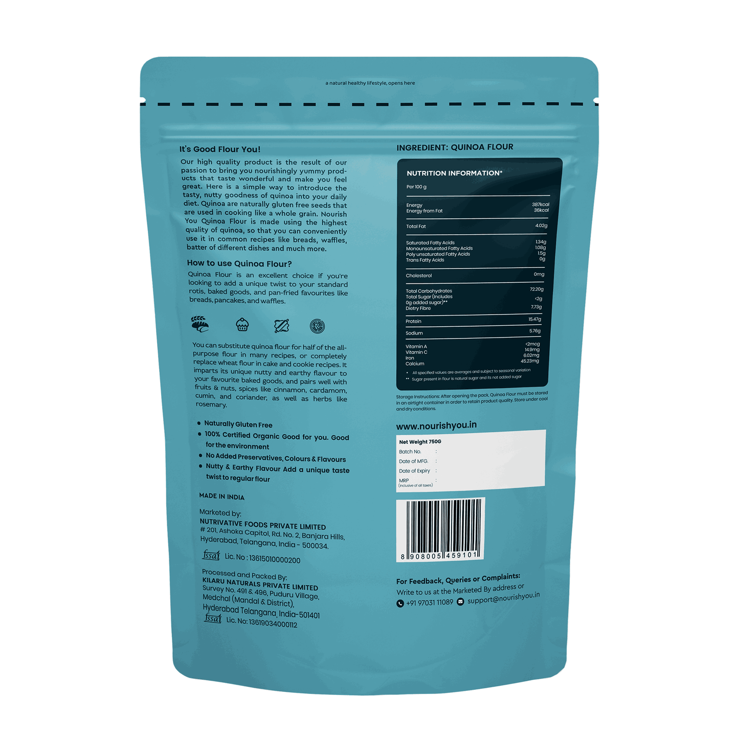 Nourish You Quinoa Flour 750G Pack | High Protein Quinoa & Gluten Free Atta | Enriched with Dietary Fibre, Vitamins | Improves Gut Health | Superfood | Micro-nutrients | No added Preservatives | Helps in Weight Management