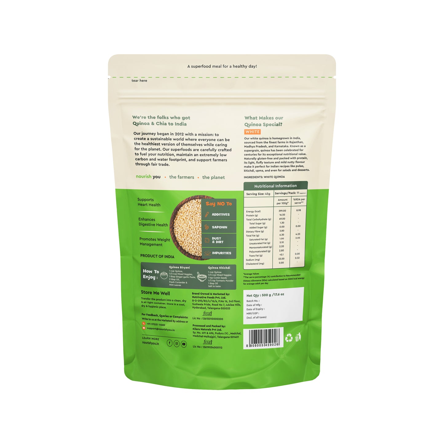Nourish You White Quinoa Seeds 500g | Raw Healthy Super Food | GlutenFree | Saponin Free | High Protein & Fiber | Diet Food | 100% Wholegrain Cereal