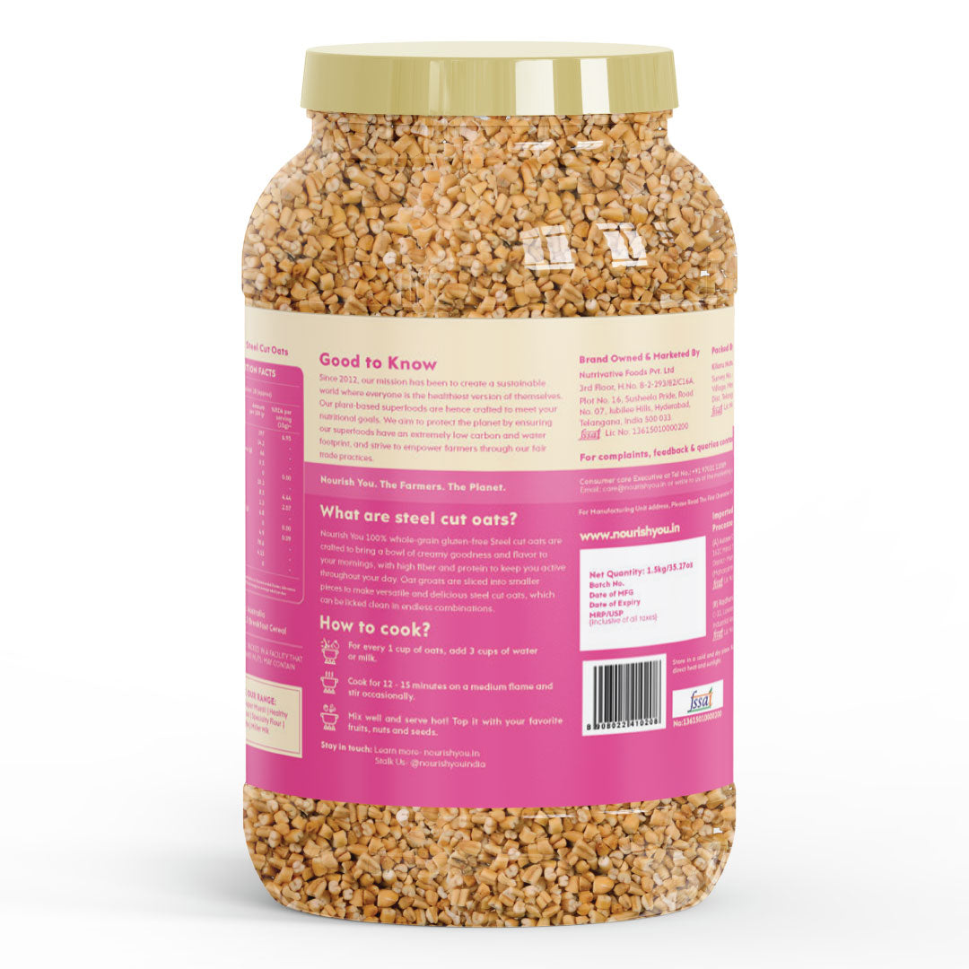 Nourish You Steel Cut Oats 2kg - 100% Wholegrain Gluten free Oats | Oatmeal Breakfast Cereal for Weight Management | Diet Food | Rich in Fibre and Protein | No Added Preservative