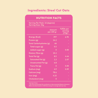 Nourish You Steel Cut Oats 2kg - 100% Wholegrain Gluten free Oats | Oatmeal Breakfast Cereal for Weight Management | Diet Food | Rich in Fibre and Protein | No Added Preservative