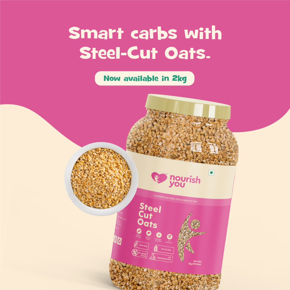 Nourish You Steel Cut Oats 2kg - 100% Wholegrain Gluten free Oats | Oatmeal Breakfast Cereal for Weight Management | Diet Food | Rich in Fibre and Protein | No Added Preservative