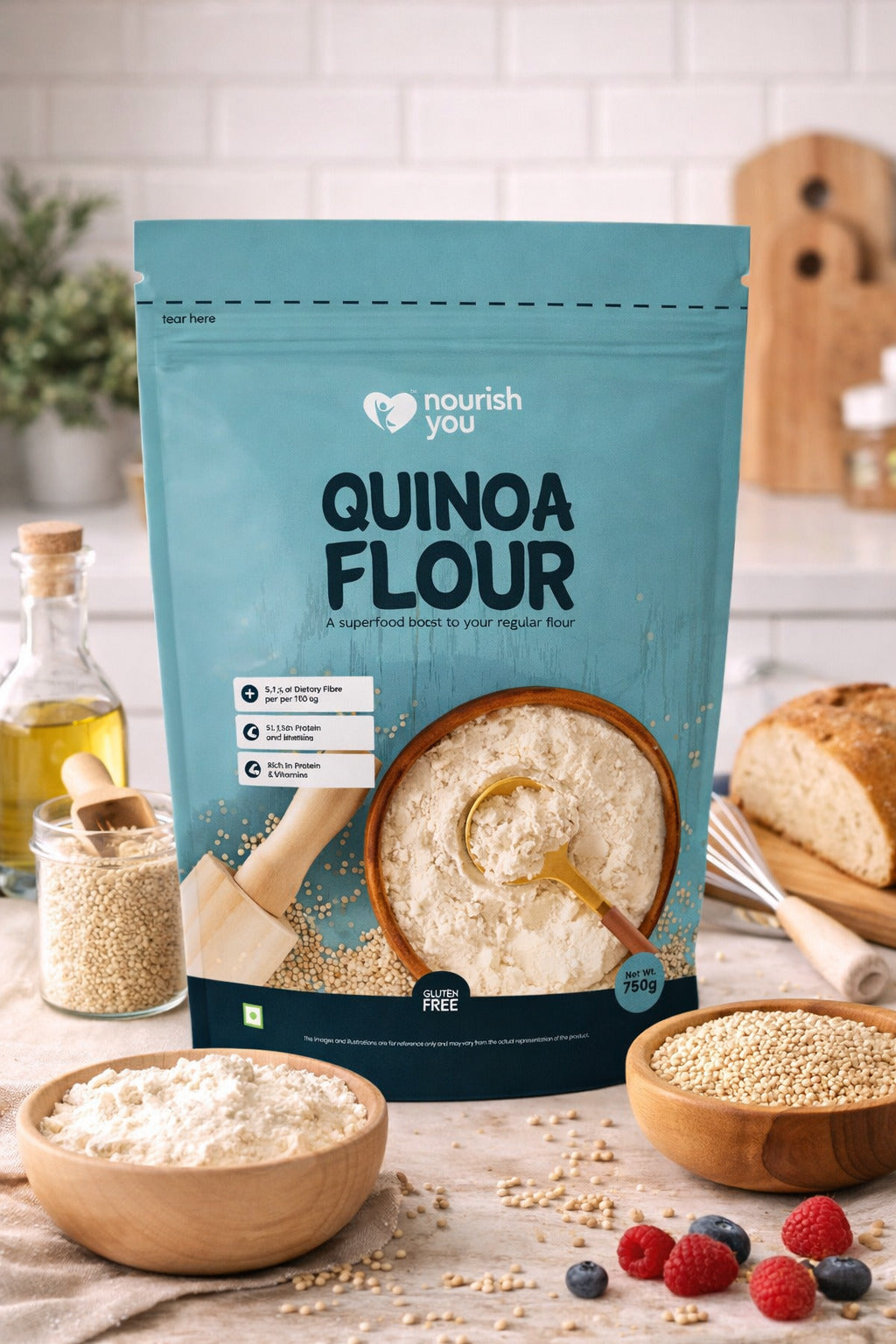 Nourish You Quinoa Flour 750G Pack | High Protein Quinoa & Gluten Free Atta | Enriched with Dietary Fibre, Vitamins | Improves Gut Health | Superfood | Micro-nutrients | No added Preservatives | Helps in Weight Management