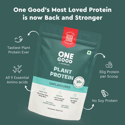 Nourish You Unflavoured Plant Protein Powder 500g | 30g Protein Per Serving | Pea, Brown Rice & Mung Bean Blend | Soy-Free, Dairy-Free, Gluten-Free | No Artificial Flavours or Sweeteners | Supports Muscle Growth