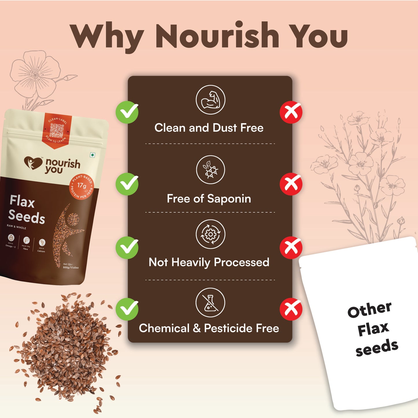 Nourish You Flax Seeds | Rich in Omega 3, Calcium and Fatty Acid - 500 G Brown Flax Seeds (500 g)