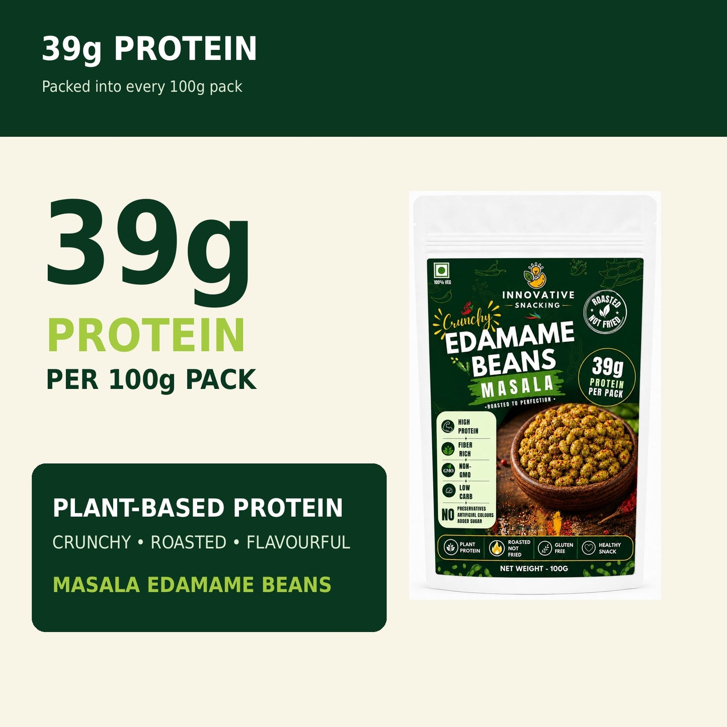 Innovative Snacking Roasted Edamame Beans Masala Flavour | High Protein Plant-Based Snack | Roasted Not Fried | 100g