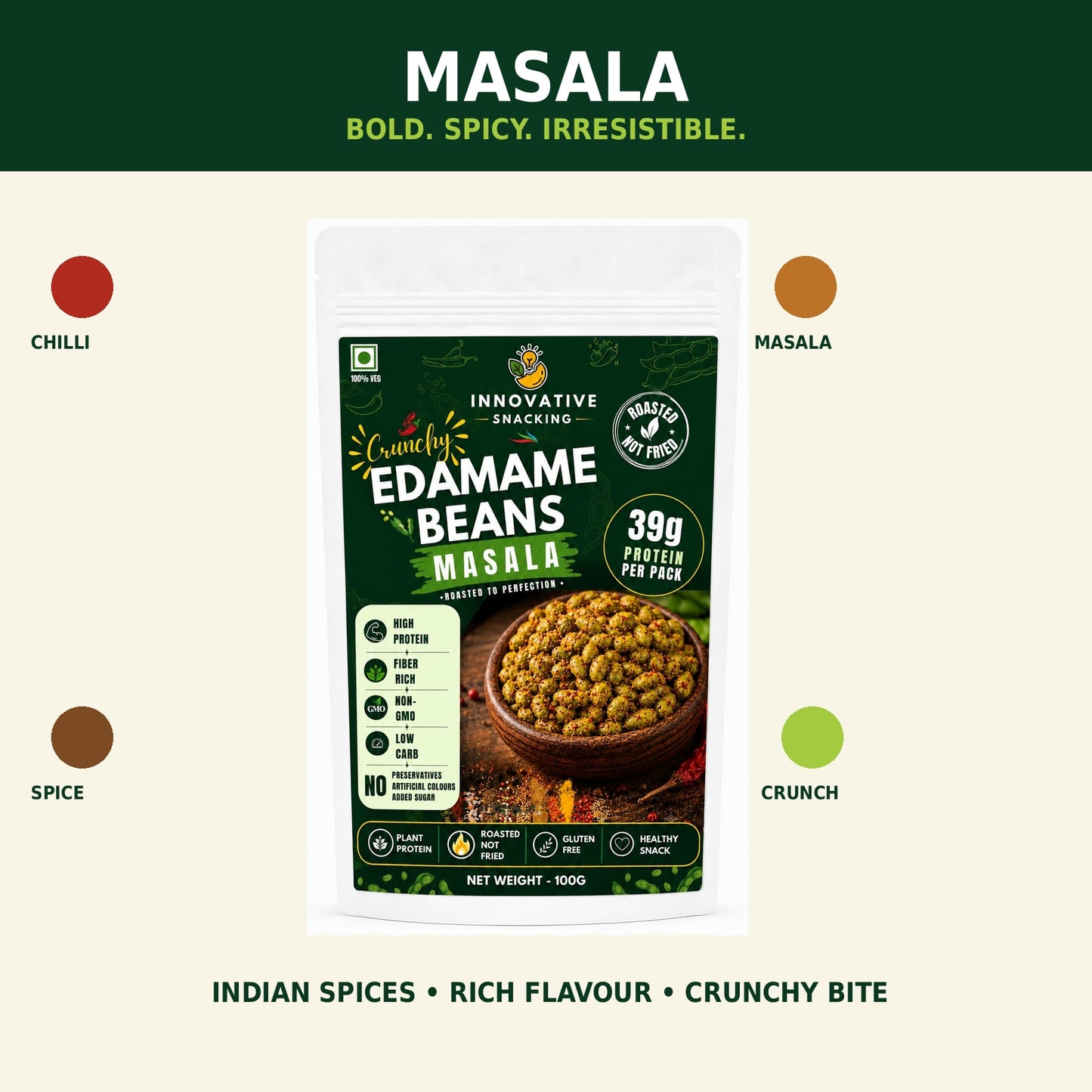 Innovative Snacking Roasted Edamame Beans Masala Flavour | High Protein Plant-Based Snack | Roasted Not Fried | 100g