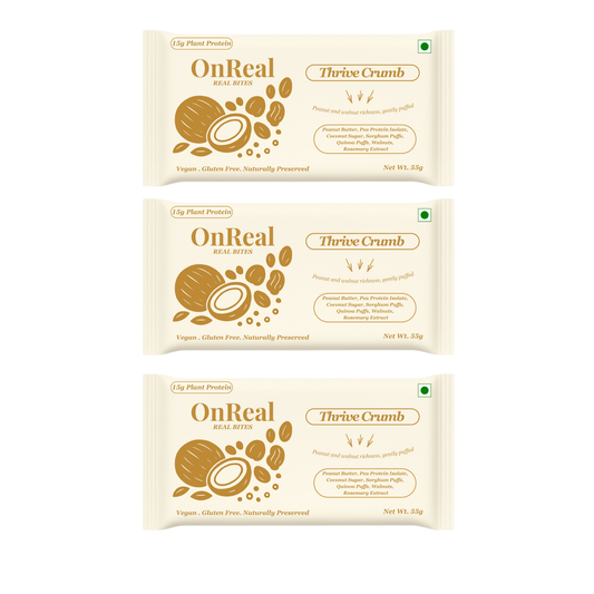 OnReal Thrive Crumb Plant-Based Protein Bars (Pack of 3 x 55g Each) | 15g Protein, No Refined Sugar, High Fiber | Peanut Butter & Walnut Bar | Made with Jowar & Quinoa Puffs | Vegan, Gluten-Free | Clean Label Snack