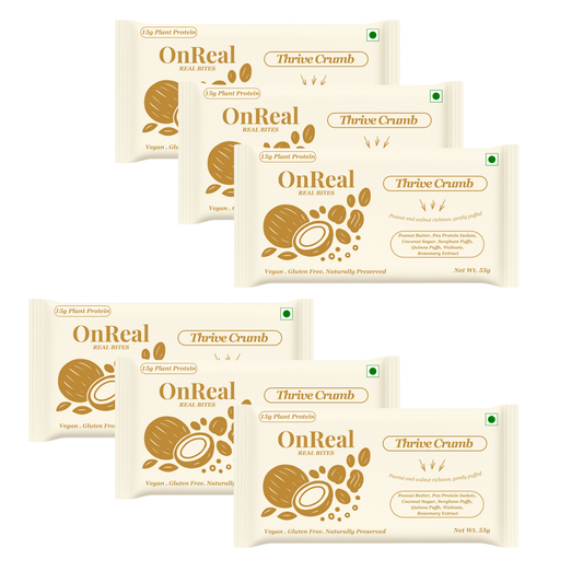 OnReal Thrive Crumb Plant-Based Protein Bars (Pack of 6 x 55g Each) | 15g Protein, No Refined Sugar, High Fiber | Peanut Butter & Walnut Bar | Made with Jowar & Quinoa Puffs | Vegan, Gluten-Free | Clean Label Snack