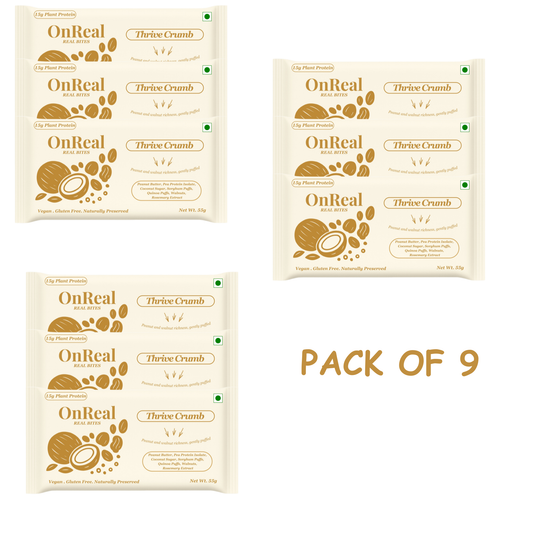 OnReal Thrive Crumb Plant-Based Protein Bars (Pack of 9 x 55g Each) | 15g Protein, No Refined Sugar, High Fiber | Peanut Butter & Walnut Bar | Made with Jowar & Quinoa Puffs | Vegan, Gluten-Free | Clean Label Snack