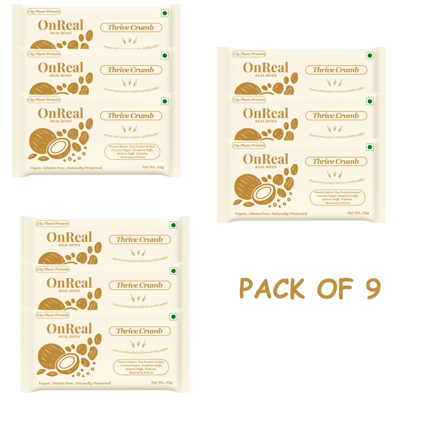 OnReal Thrive Crumb Plant-Based Protein Bars (Pack of 9 x 55g Each) | 15g Protein, No Refined Sugar, High Fiber | Peanut Butter & Walnut Bar | Made with Jowar & Quinoa Puffs | Vegan, Gluten-Free | Clean Label Snack