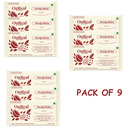 OnReal Purely Divine Plant-Based Protein Bars (Pack of 9 x 55g Each) | 15g Protein, No Refined Sugar, High Fiber | Almond Butter, Ragi & Quinoa Puffs | Vegan, Gluten-Free | Clean Label Snack