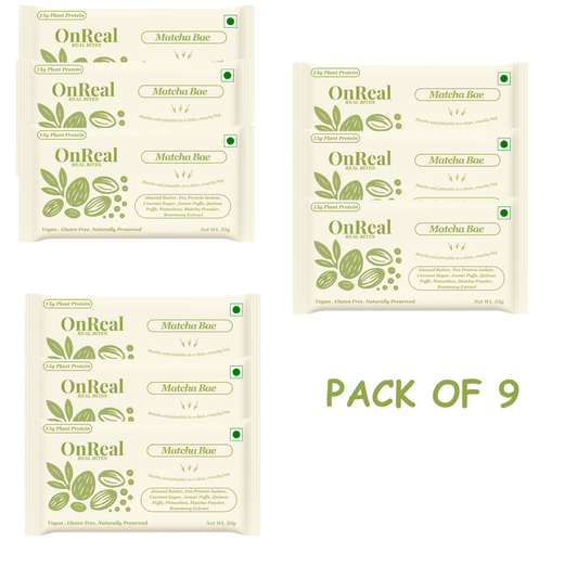 OnReal Matcha Bae Plant-Based Protein Bars (Pack of 9 x 55g Each) | 15g Protein, No Refined Sugar, High Fiber | Almond Butter, Pistachios & Matcha | Vegan, Gluten-Free | Clean Label Snack