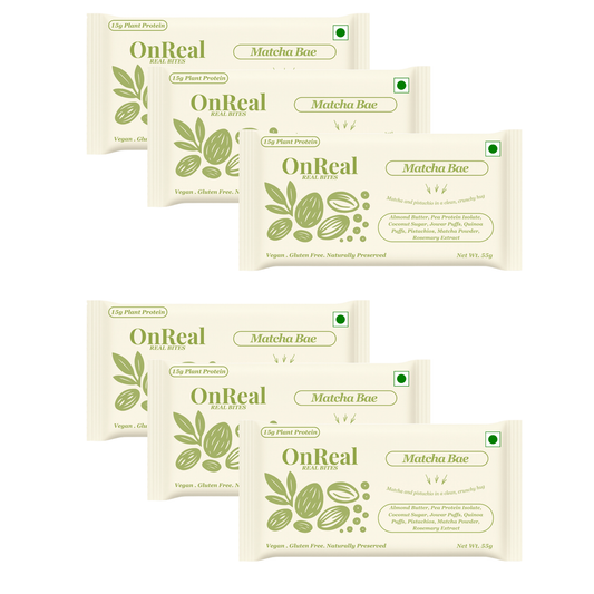 OnReal Matcha Bae Plant-Based Protein Bars (Pack of 6 x 55g Each) | 15g Protein, No Refined Sugar, High Fiber | Almond Butter, Pistachios & Matcha | Vegan, Gluten-Free | Clean Label Snack