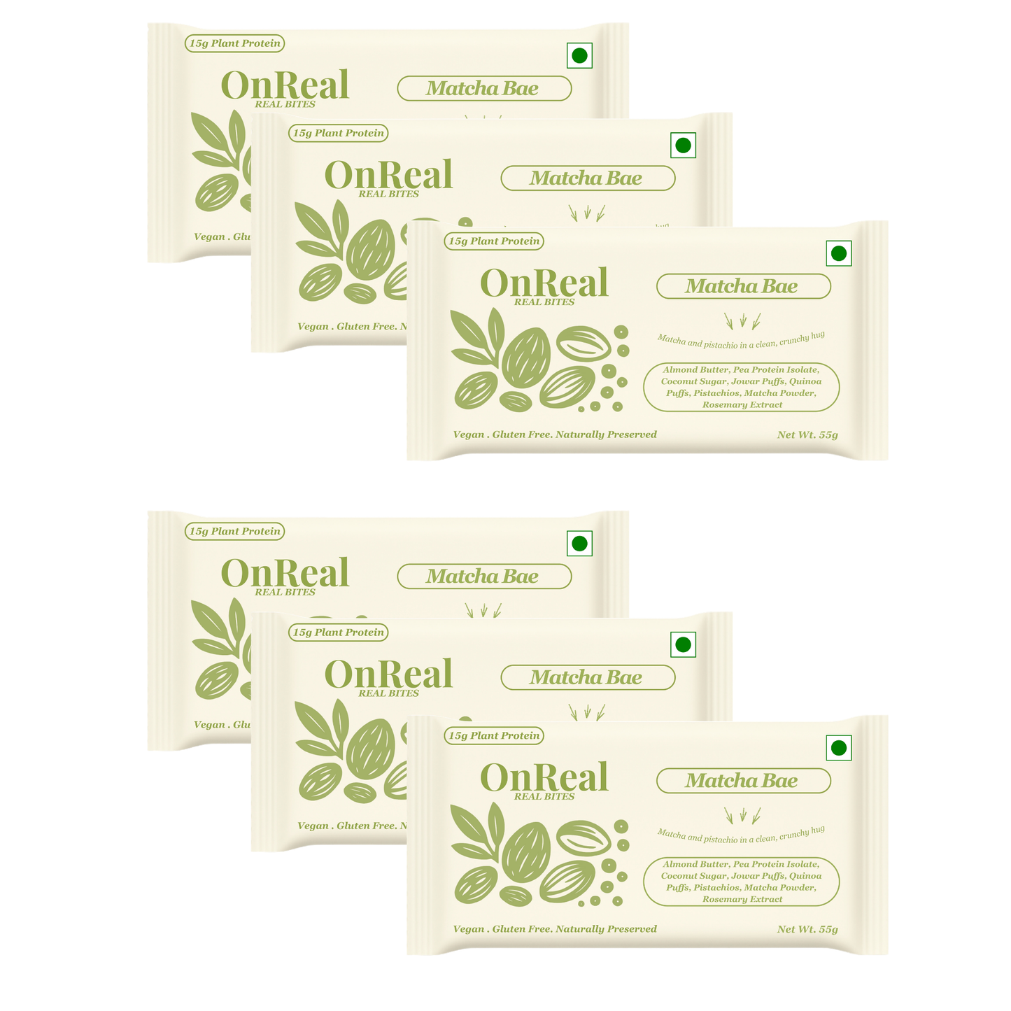 OnReal Matcha Bae Plant-Based Protein Bars (Pack of 6 x 55g Each) | 15g Protein, No Refined Sugar, High Fiber | Almond Butter, Pistachios & Matcha | Vegan, Gluten-Free | Clean Label Snack