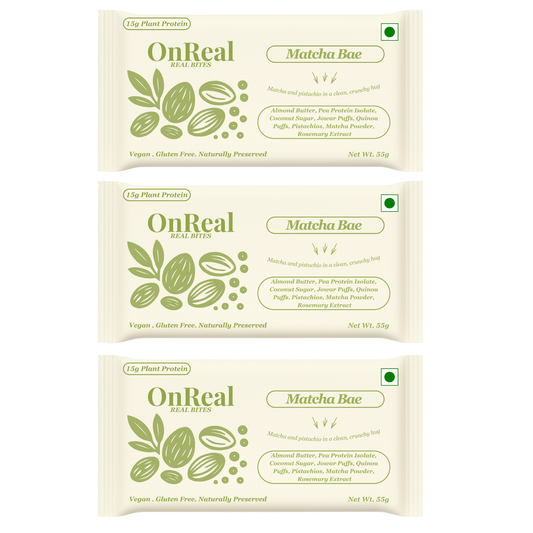 OnReal Matcha Bae Plant-Based Protein Bars (Pack of 3 x 55g Each) | 15g Protein, No Refined Sugar, High Fiber | Almond Butter, Pistachios & Matcha | Vegan, Gluten-Free | Clean Label Snack
