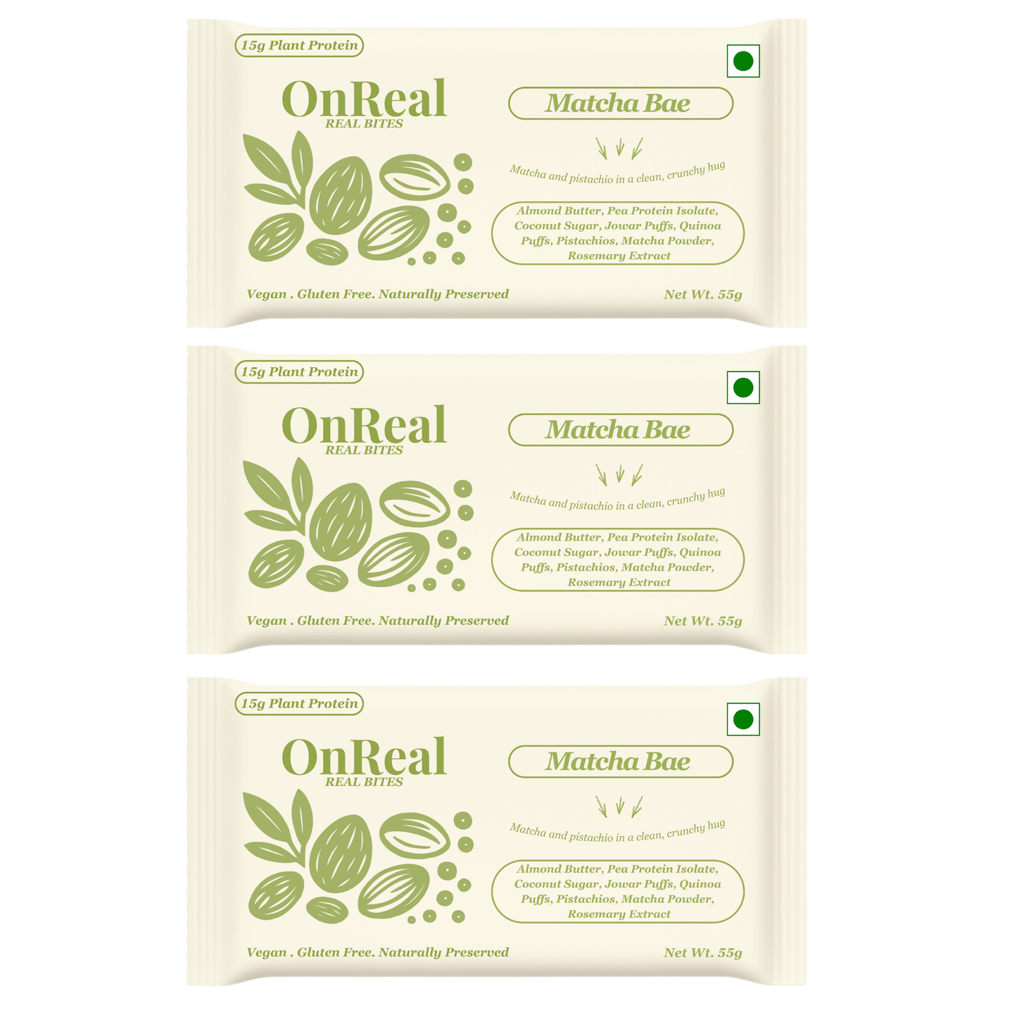 OnReal Matcha Bae Plant-Based Protein Bars (Pack of 3 x 55g Each) | 15g Protein, No Refined Sugar, High Fiber | Almond Butter, Pistachios & Matcha | Vegan, Gluten-Free | Clean Label Snack