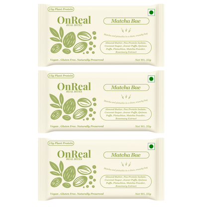 OnReal Matcha Bae Plant-Based Protein Bars (Pack of 3 x 55g Each) | 15g Protein, No Refined Sugar, High Fiber | Almond Butter, Pistachios & Matcha | Vegan, Gluten-Free | Clean Label Snack