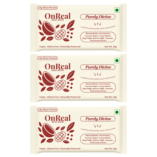 OnReal Purely Divine Plant-Based Protein Bars (Pack of 3 x 55g Each) | 15g Protein, No Refined Sugar, High Fiber | Almond Butter, Ragi & Quinoa Puffs | Vegan, Gluten-Free | Clean Label Snack