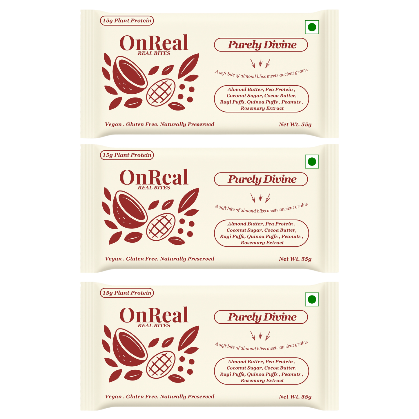 OnReal Purely Divine Plant-Based Protein Bars (Pack of 3 x 55g Each) | 15g Protein, No Refined Sugar, High Fiber | Almond Butter, Ragi & Quinoa Puffs | Vegan, Gluten-Free | Clean Label Snack