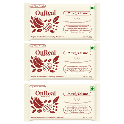 OnReal Purely Divine Plant-Based Protein Bars (Pack of 3 x 55g Each) | 15g Protein, No Refined Sugar, High Fiber | Almond Butter, Ragi & Quinoa Puffs | Vegan, Gluten-Free | Clean Label Snack