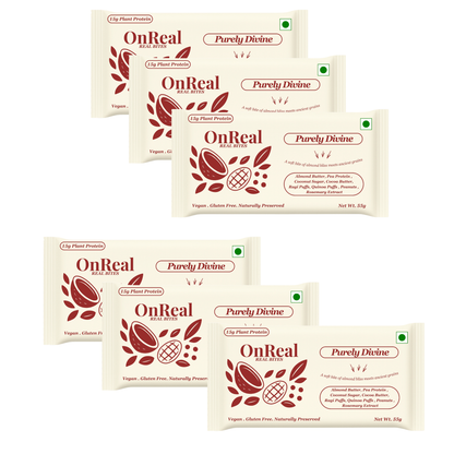 OnReal Purely Divine Plant-Based Protein Bars (Pack of 6 x 55g Each) | 15g Protein, No Refined Sugar, High Fiber | Almond Butter, Ragi & Quinoa Puffs | Vegan, Gluten-Free | Clean Label Snack