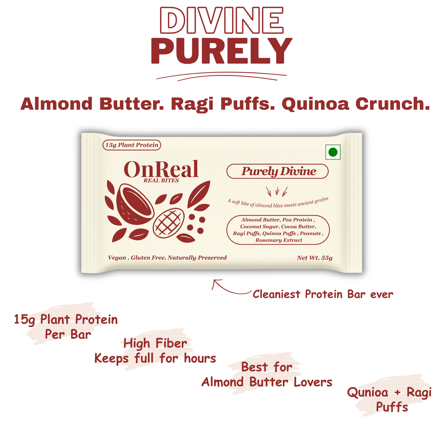 OnReal Purely Divine Plant-Based Protein Bars (Pack of 3 x 55g Each) | 15g Protein, No Refined Sugar, High Fiber | Almond Butter, Ragi & Quinoa Puffs | Vegan, Gluten-Free | Clean Label Snack