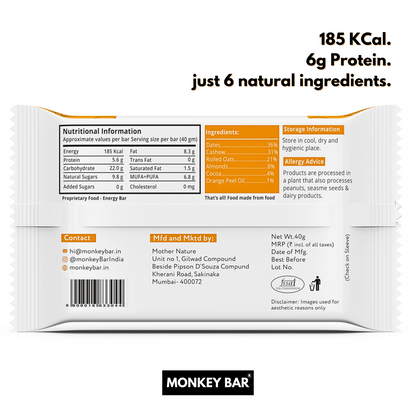 Monkey Bar - ORANGE COCOA Energy Bars - No Added Sugar - Pack of 10 (10X40g)