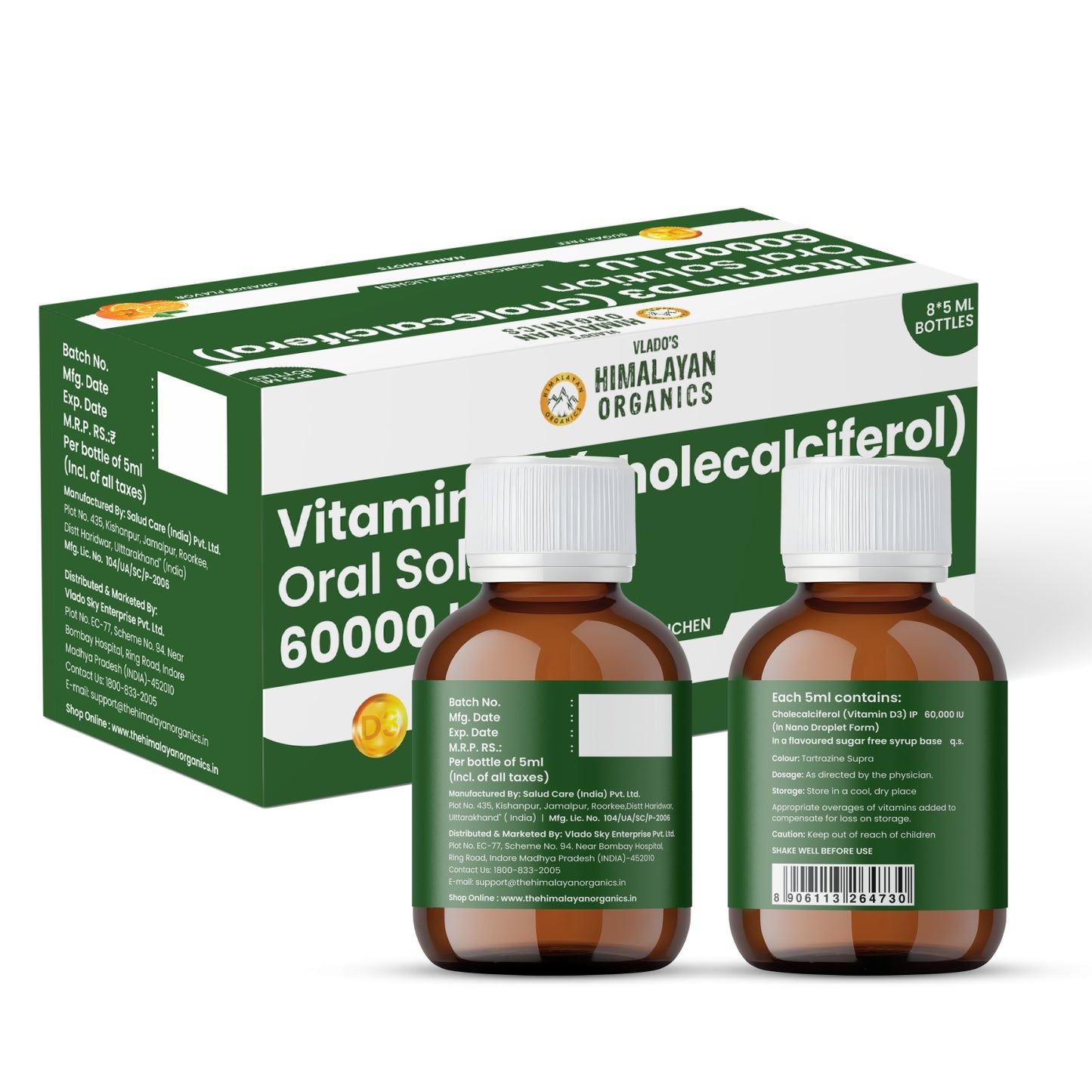 Vlado's Himalayan Organics Vitamin D3 60000 IU Shots | Cholecalciferol Vitamin D3 60000 IU Supplement I Sugar Free I Oral Solution I Vitamin D 60K for Men & Women – 5ml Each bottle - Orange Flavour - (Pack of 8)