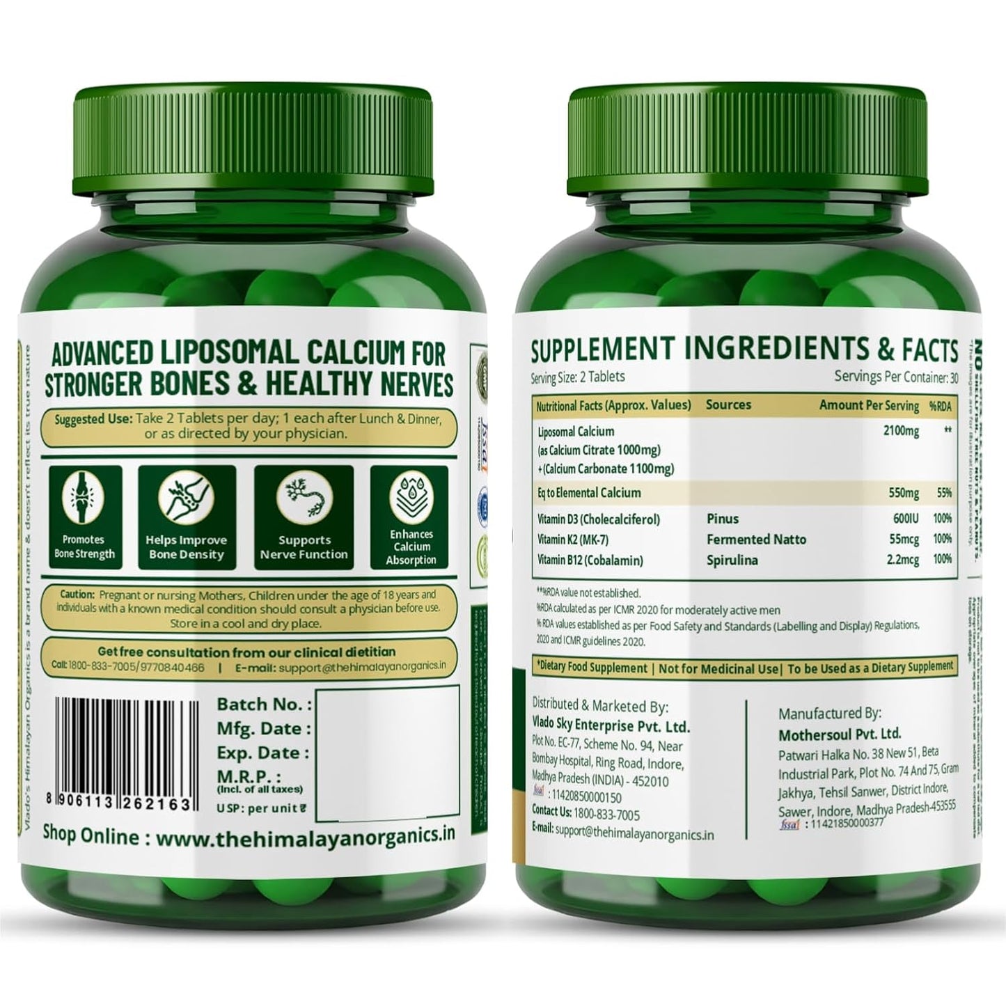 Vlado’s Himalayan Organics Liposomal Calcium 2100 mg with Vitamin D3, K2 (MK-7) & Vitamin B12 – 60 Veg Tablets | For Men & Women