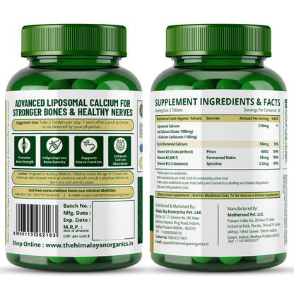 Vlado’s Himalayan Organics Liposomal Calcium 2100 mg with Vitamin D3, K2 (MK-7) & Vitamin B12 – 60 Veg Tablets | For Men & Women