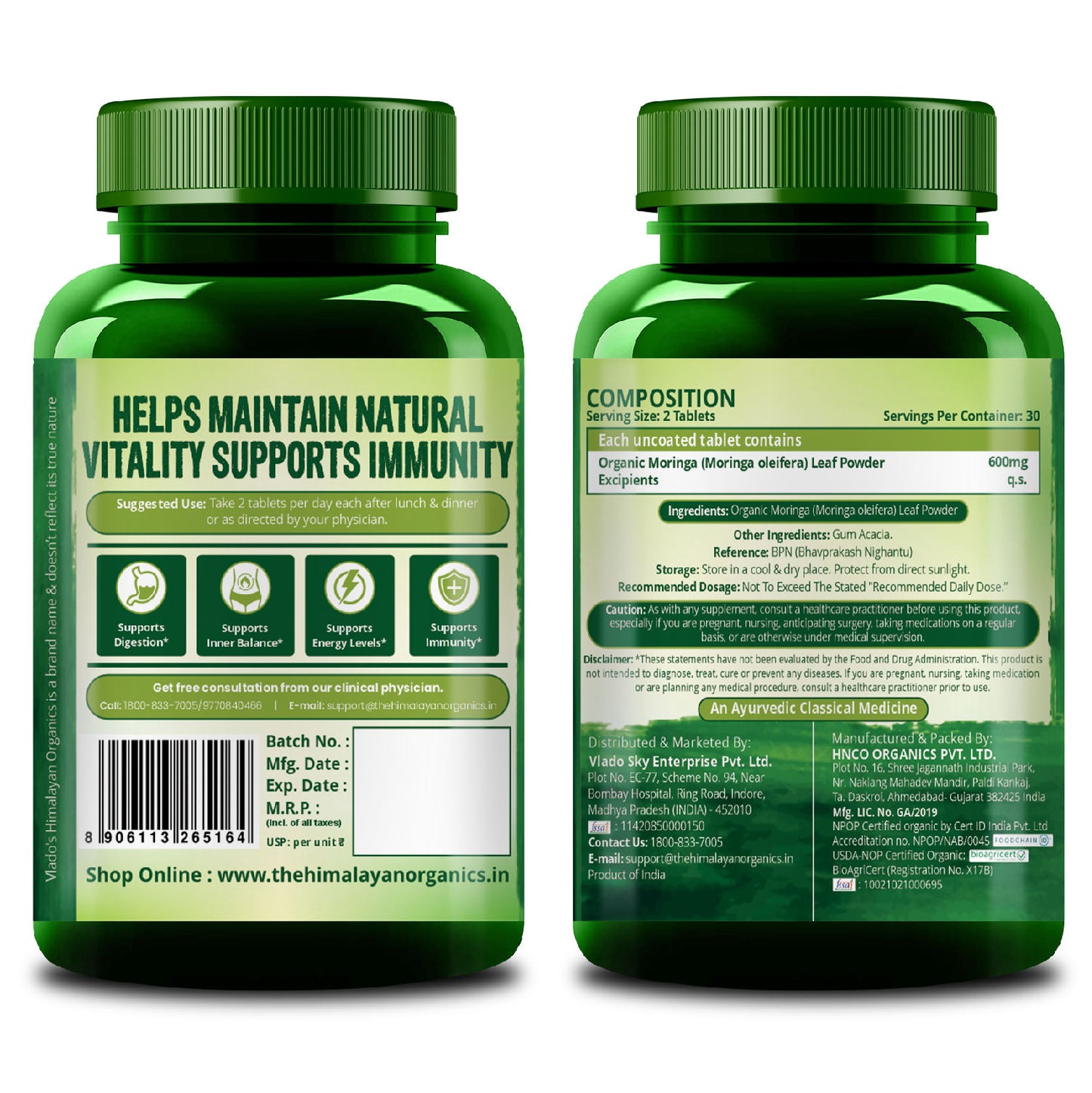 Vlado’s Himalayan Organics Organic Moringa Tablets | 1200 mg Moringa Leaf Extract | Pure Plant-Based Superfood | 60 Tablets