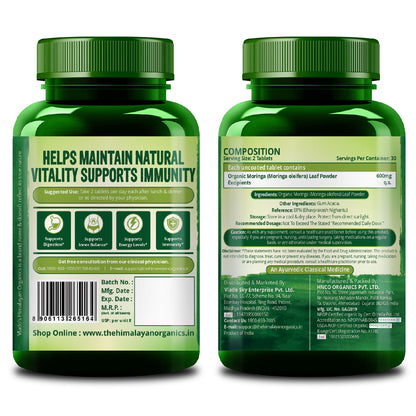 Vlado’s Himalayan Organics Organic Moringa Tablets | 1200 mg Moringa Leaf Extract | Pure Plant-Based Superfood | 60 Tablets