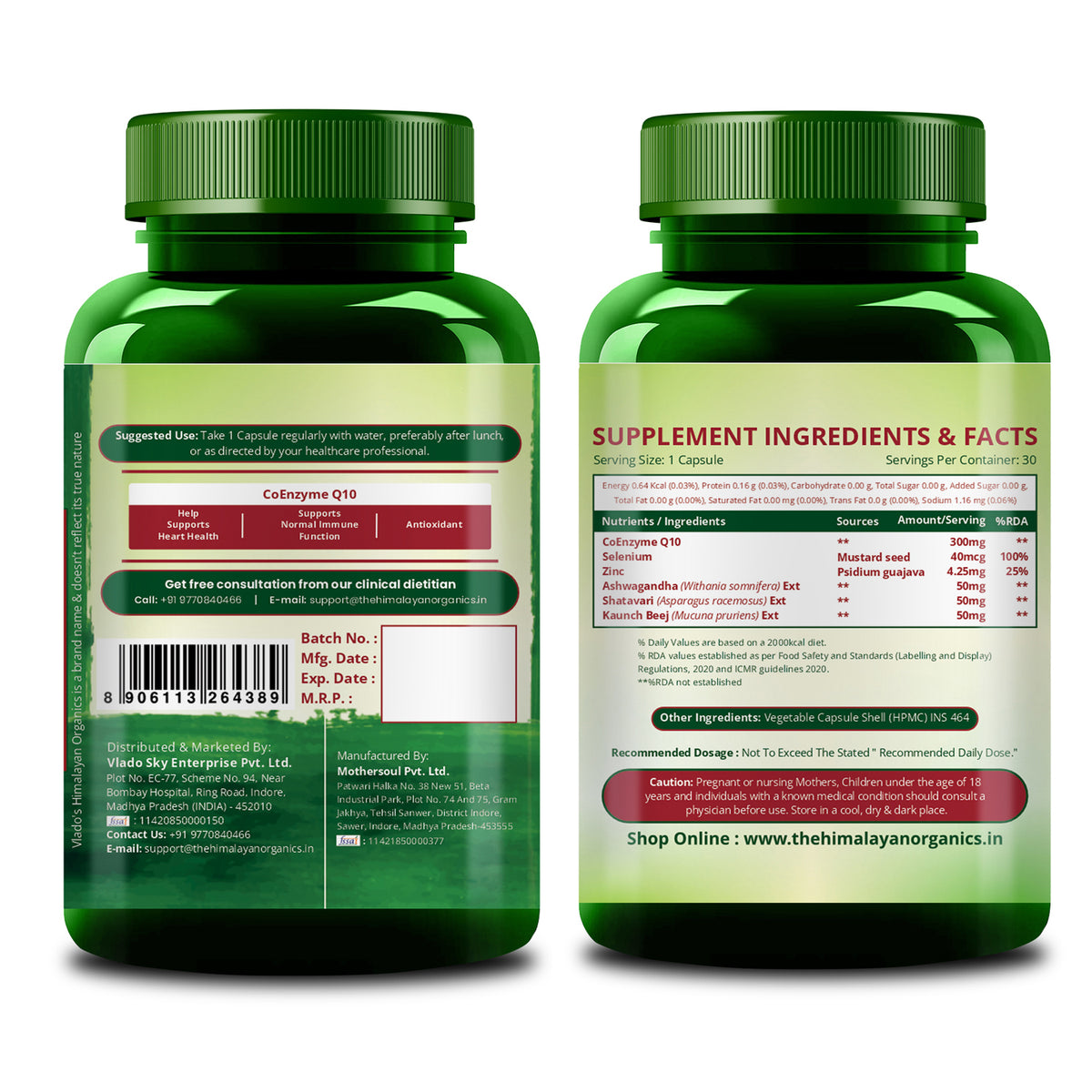 Vlado's Himalayan Organics CoQ10 -125mg With BioPepper - 5mg , COENZYME Q-10 125mg Supplement 60 Veg Capsules